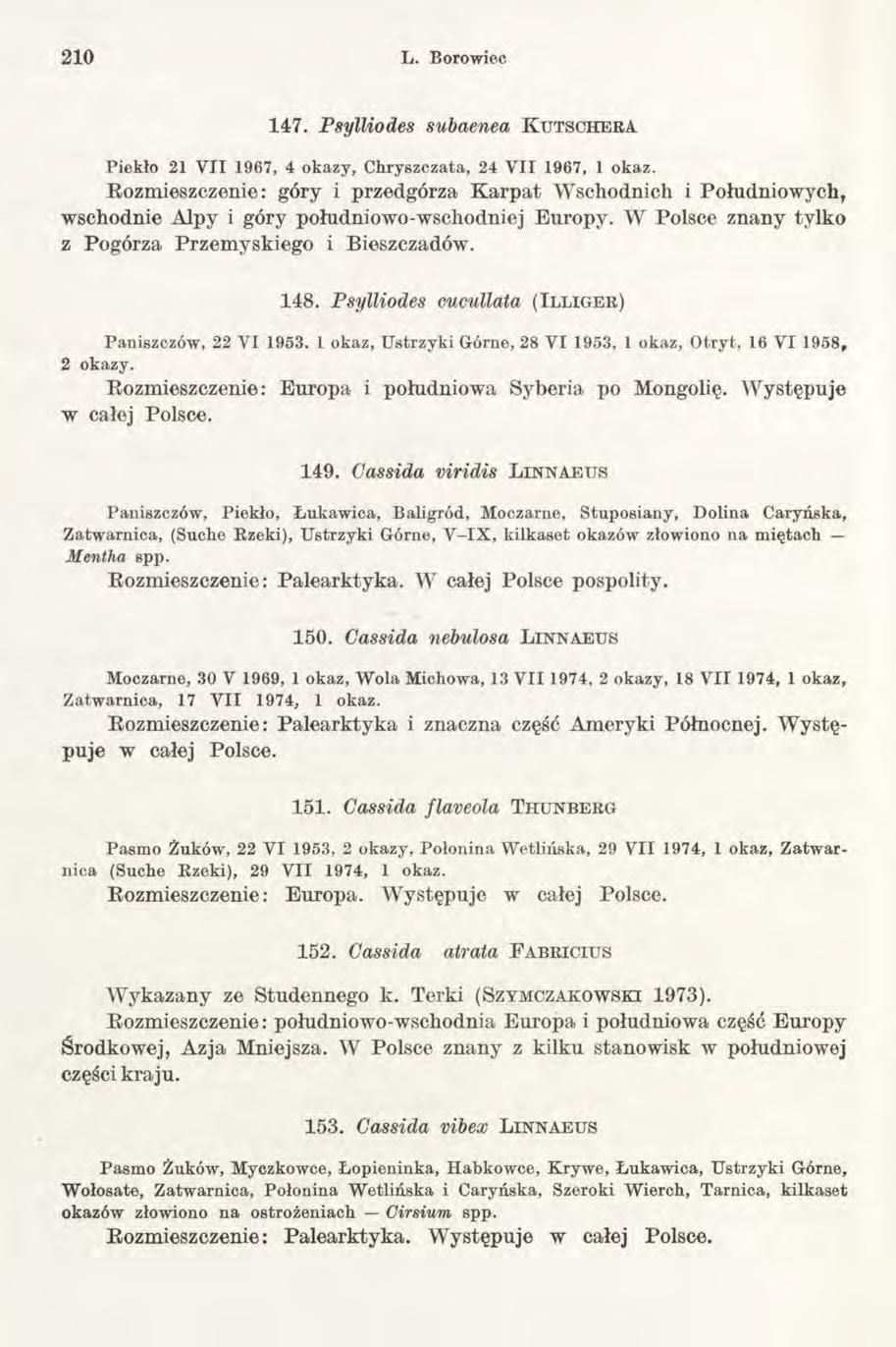 2 10 L. Borowiec 147. P8ylliodes subaenea K u t s c h e r a Piekło 21 V II 1967, 4 okazy, Chryszczata, 24 V II 1967, 1 okaz.