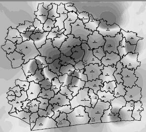 Najmniejszym ME charakteryzuje się metoda empirycznego krigingu Bayesa (EBK), w której to najlepsze wyniki uzyskano przy rozłożeniu danych na cztery sektory.