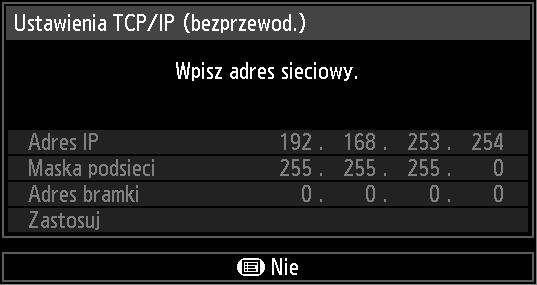 Opis menu Menu Funkcja Włącz lub wyłącz funkcję DHCP sieci bezprzewodowej w projektorze. DHCP Podmenu Wyłącz Włącz Funkcja To ustawienie umożliwia wyłączenie funkcji DHCP.