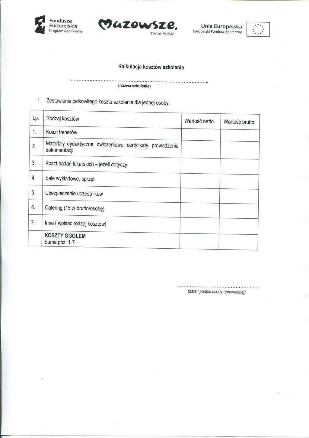 s Fundusze Kalkulacja kosztow szkolenia (nazwa szkolenia) 1. Zestawienie catkowitego kosztu szkolenia dla jednej osoby: Lp. Rodzaj kosztow Wartosc netto Wartosc brutto 1. Koszt trenerow 2.