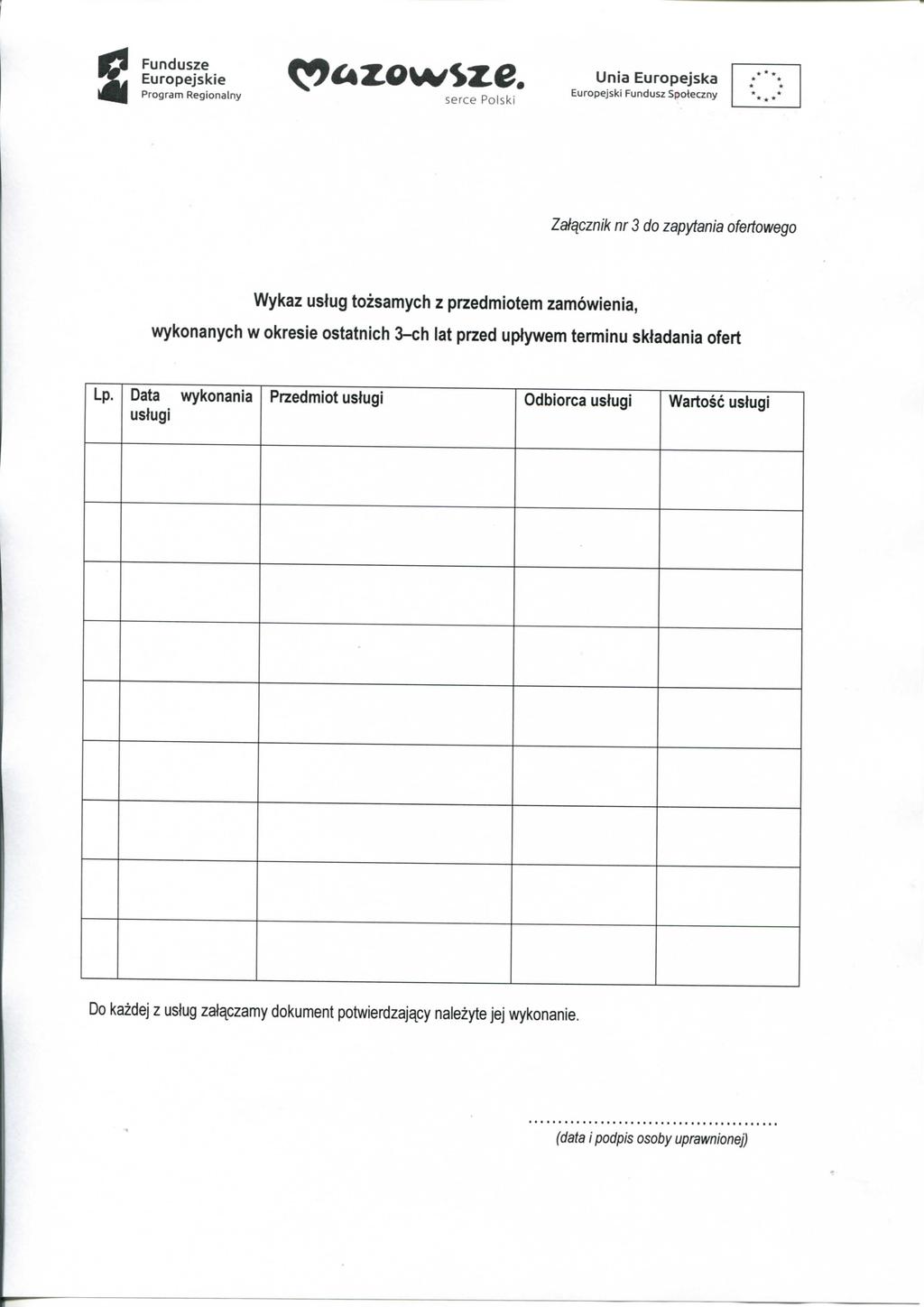 Zalqcznik nr 3 do zapytania ofertowego Wykaz ustug tozsamych z przedmiotem zamowienia, wykonanych w okresie ostatnich 3-ch lat przed uptywem terminu swadania ofert Lp.