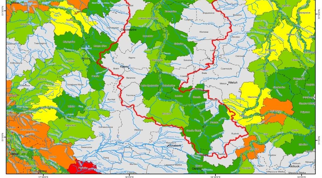 dla Regionu wodnego Warty Powyższa mapa ilustruje zagrożenie powodziowe dotyczące dorzecza Prosny.