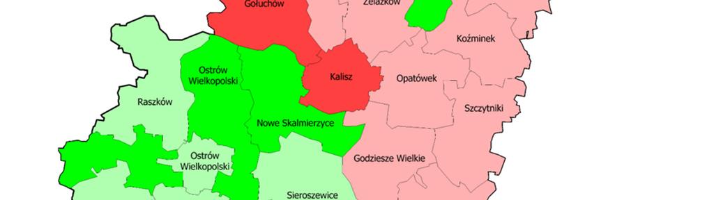 Wskazać należy gminy wymagające zwiększonego wsparcia. W największym stopniu problem na rynku pracy występuje w gminach: Kalisz, Sośnie i Gołuchów.