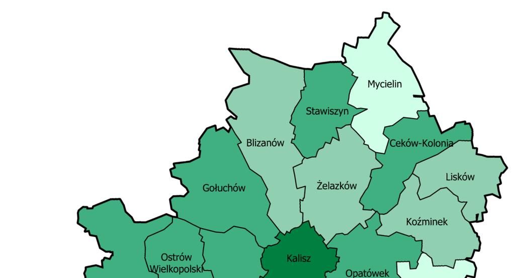 najlepsza sytuacja występowała w gminach: Ostrów Wielkopolski gmina wiejska (46,6%), Nowe Skalmierzyce (43,6%), Opatówek (43,3%), Gołuchów (43,2%), Ceków- Kolonia (41,5%) są to jednak