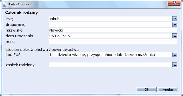 40 Materiały dla uczestnika szkolenia Ćwiczenie 4 Wpisywanie danych dotyczących rodziny i służby wojskowej pracownika 1. W kartotece Krzysztofa Nowickiego przejdź na kartę Rodzina. 2.
