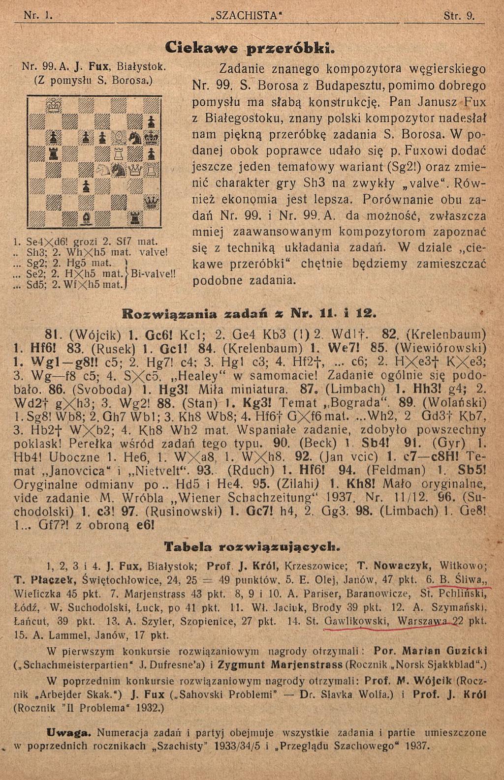 Nr. 99. A. J. Fux, Białystok. (Z pomysłu S. Borosa.) 1. Se4Xd6! grozi 2. Sf7 mat... Sh3; 2. WhXh5 mat. valve!... Sg2; 2. Hg5 mat. )... Se2; 2. HXh5 mat.)bi-valve!!... Sd5; 2. WfXh5 mat.