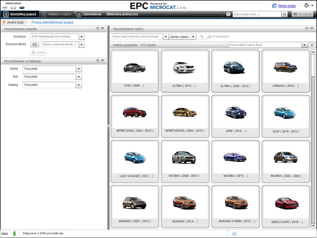 IDENTYFIKUJ POJAZD Katalog EPC Nissan obsługiwany przez Microcat Live jest doskonałym systemem sprzedaży części. Aby rozpocząć korzystanie z systemu, przyjrzyj się głównym ekranom.