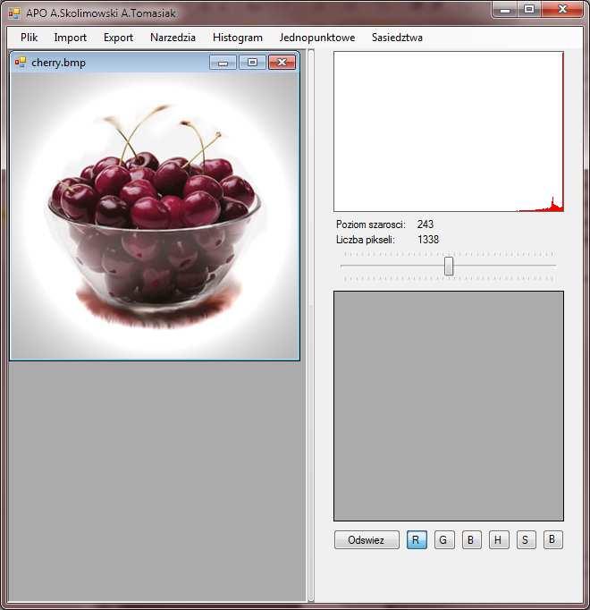 Interface aplikacji Po uruchomieniu programu i otworzeniu obrazu po lewej stronie wyświetla się histogram analizowanego obrazu.