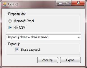 Eksport i import Program umożliwia eksport obrazów do programu Excel. W celu wykonania eksportu należy zaznaczyć wybrany obraz lub jego fragment i z górnego menu wybrać opcję Eksport.