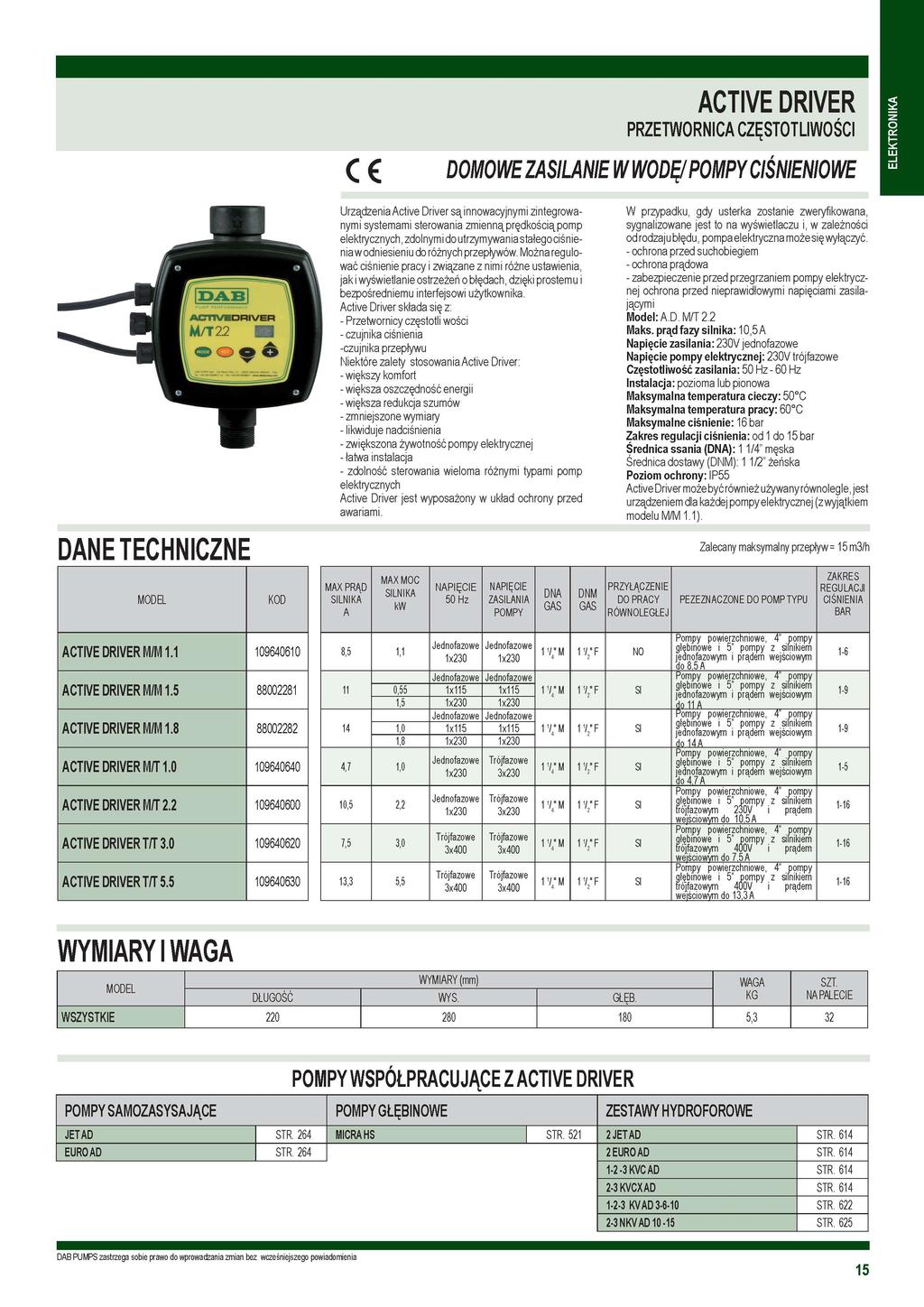 DNE TECHNICZNE i r KOD cc CTIVE DRIVER DOMOWE ZSILNIE W WODĘ/ POMPY CIŚNIENIOWE Urządzenia ctive Driver są innwacyjnymi zintegrwanymi systemami sterwania zmienną prędkścią pmp elektrycznych, zdlnymi