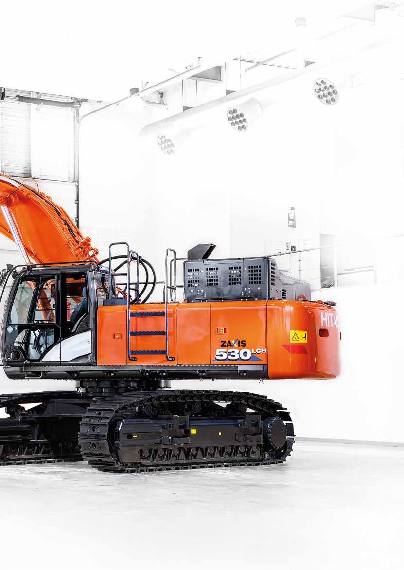 ZX530LCH-6 Optymalna wydajność Zdalne monitorowanie przy użyciu aplikacji online Global e-service. Prosta obsługa Poziomy oleju silnikowego i chłodziwa można sprawdzać w kabinie.