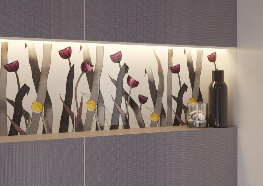 ELEGANT TEXTILE Możliwość wykreowania spersonalizowanego wnętrza łazienki dają dwa zróżnicowane inserta: zawsze modne motywy kwiatowe, prezentowane jednak w całkowicie nowatorskiej, niespotykanej