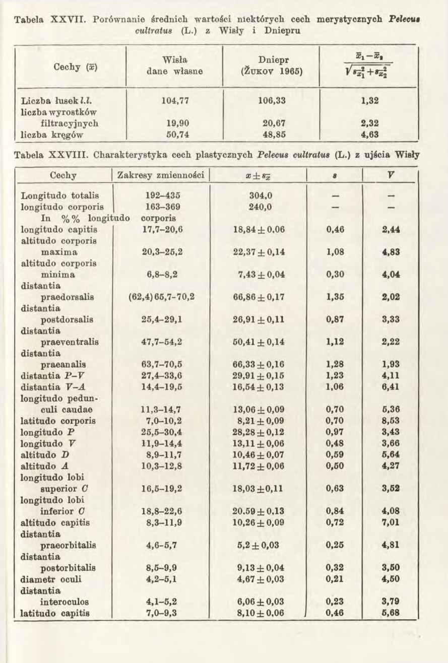 Tabela X X V II. Porównanie średnich wartości niektórych cech m erystycznych Pelecua cultratu8 (L.
