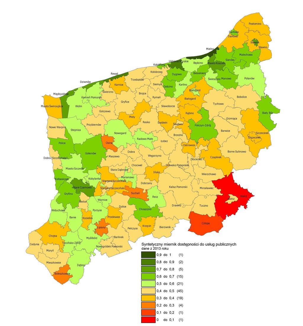 Mapa 7 Syntetyczny miernik dostępności do usług publicznych Potencjał gospodarczy Sytuacja ekonomiczna województwa zachodniopomorskiego oraz jego rozwój gospodarczy uzależnione są w dużej mierze od