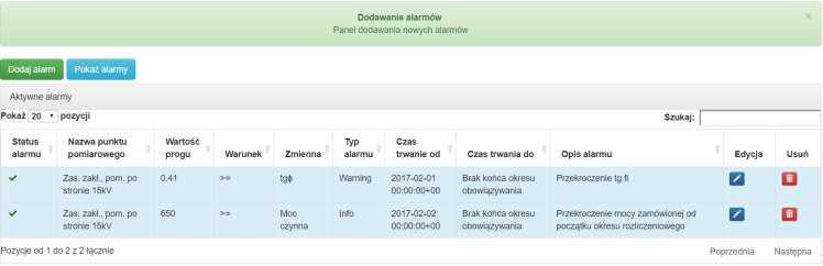 wiadomości. Oprócz SMS informacja jest przesyłana na skrzynkę poczty elektronicznej. Rys. 10. Okno alarmów Na rys.