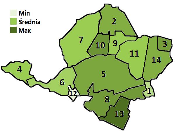 Lp. Sołectwo Liczba przystanków autobusowych w przeliczeniu na 100 mieszkańców Odsetek mieszkańców korzystających z sieci wodociągowej Odsetek mieszkańców korzystających z sieci kanalizacyjnej