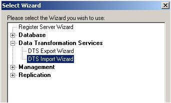 Kolejnym krokiem jest stworzenie pakietu DTS (Data Transformation Services) odpowiadającego za import danych z MS Access do MS SQL Server.