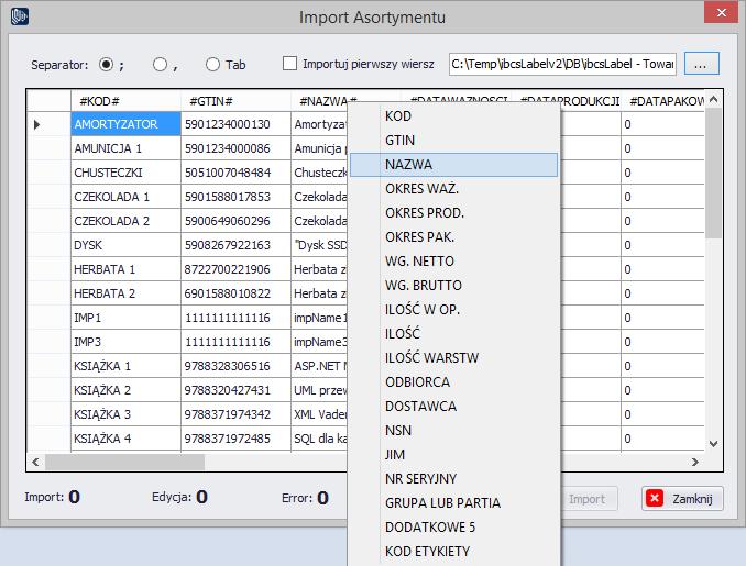 Import asortymentu Program ibcslabel umożliwia dynamiczny import danych z tabelarycznych plików tekstowych o zróżnicowanej strukturze bez konieczności wcześniejszej edycji pliku, który będziemy