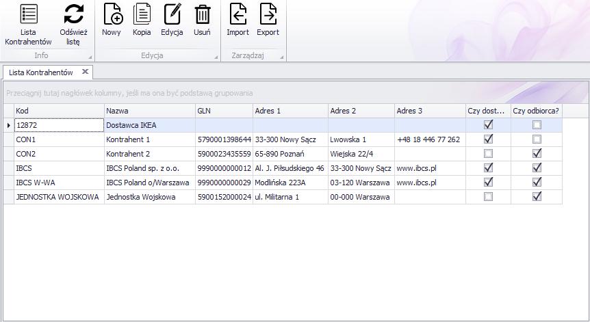 Usuń Usunięcie z bazy danych wybranego kontrahenta Import Import listy kontrahentów z pliku tekstowego Eksport Eksport listy kontrahentów do pliku tekstowego Rysunek 9 - Kartoteka kontrahentów Nowy