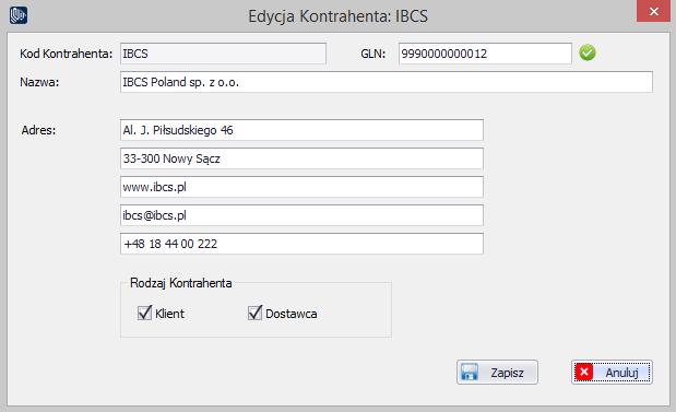 Rysunek 10 - Nowy kontrahent Każdy kontrahent w programie ibcslabel może zawierać następujące informacje (pola wymagane zostały oznaczone gwiazdką) Kod Kontrahenta* Unikalny identyfikator asortymentu