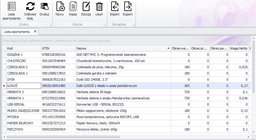 Kopia Utworzenie nowego asortymentu na podstawie danych innego, wybranego asortymentu Edycja Zmiana parametrów wybranego asortymentu Usuń Usunięcie z bazy danych wybranego asortymentu Import Import