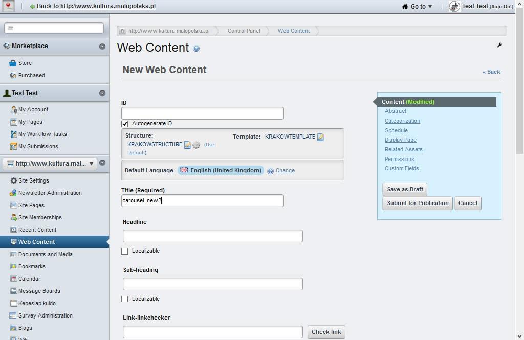 Dodawanie elementów do karuzeli strony startowej (VI-9-003a-01) Proszę kliknąć na zakładkę menu "Web Content", znajdującą się na stronie administracyjnej portalu.