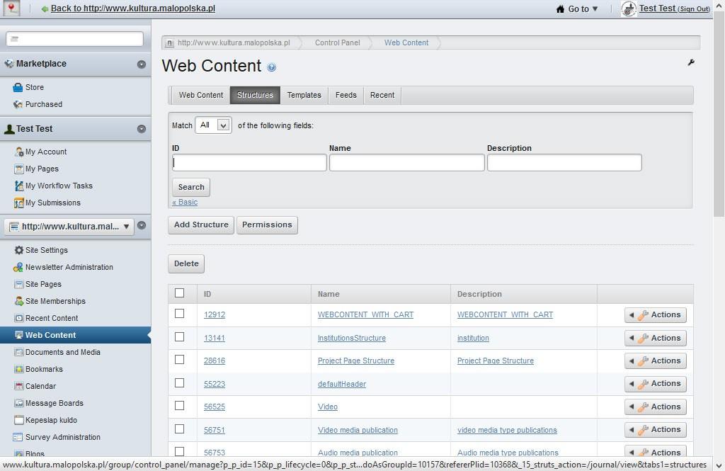 Edytowanie listy instytucji (VI-09-001-01) Proszę na stronie edytora portalu wybrać na "Control Panel zakładkę menu "Web content", a ramach tego kliknąć na zakładkę na "Structures".