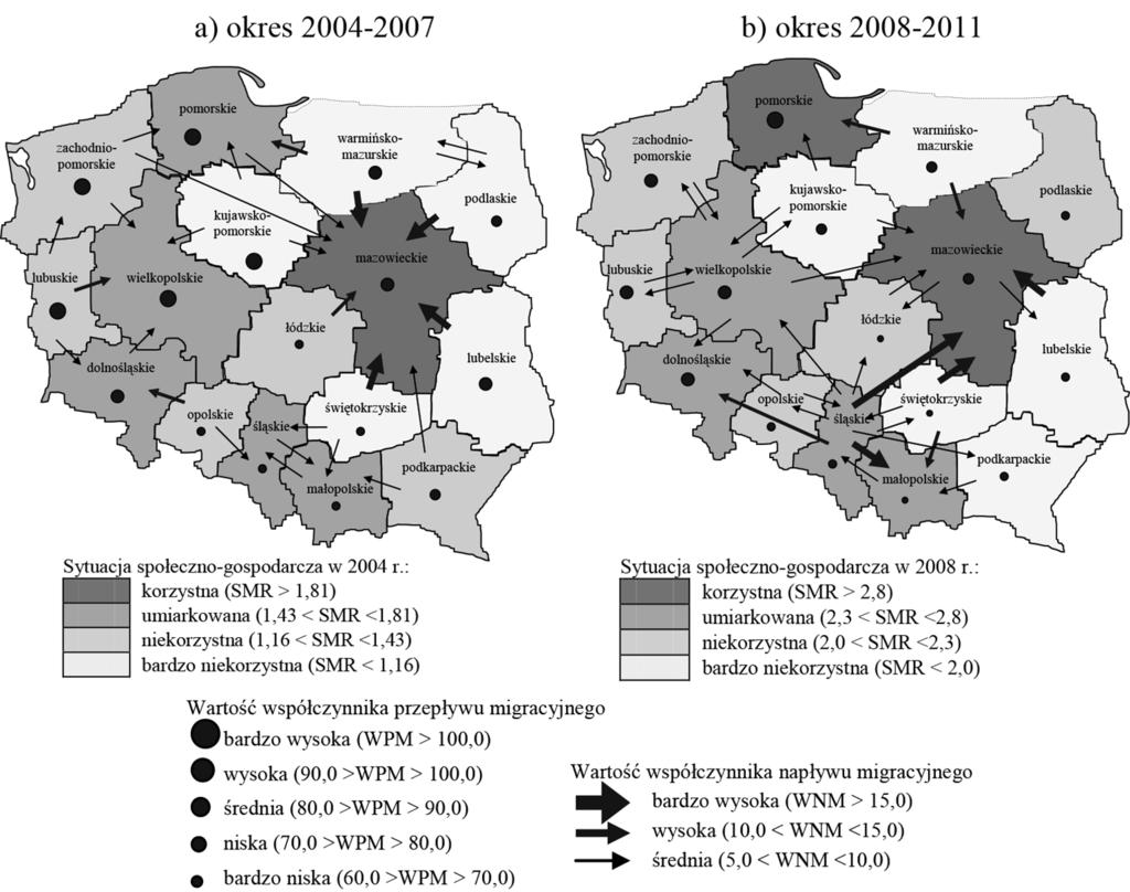 338 Justyna Wilk, Michał Bernard Pietrzak, Stanisław Matusik W okresie prosperity (2004-2007) przepływy międzywojewódzkie miały głównie jednokierunkowy charakter i dotyczyły przede wszystkim
