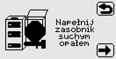 Jeżeli pokrywa zasobnika opału jest otwarta a czujnik pokrywy aktywny, pojawi się odpowiedni komunikat.
