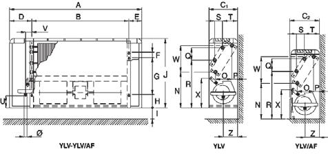 Wymiary i masy YLV & YLH YLV-AF & YLH-AF AF= wot powietrza od frontu YLVR R= ow body LASER: YLV - YLV/AF PIONOWE LASER: YLH - YLH/AF POZIOME Wym.