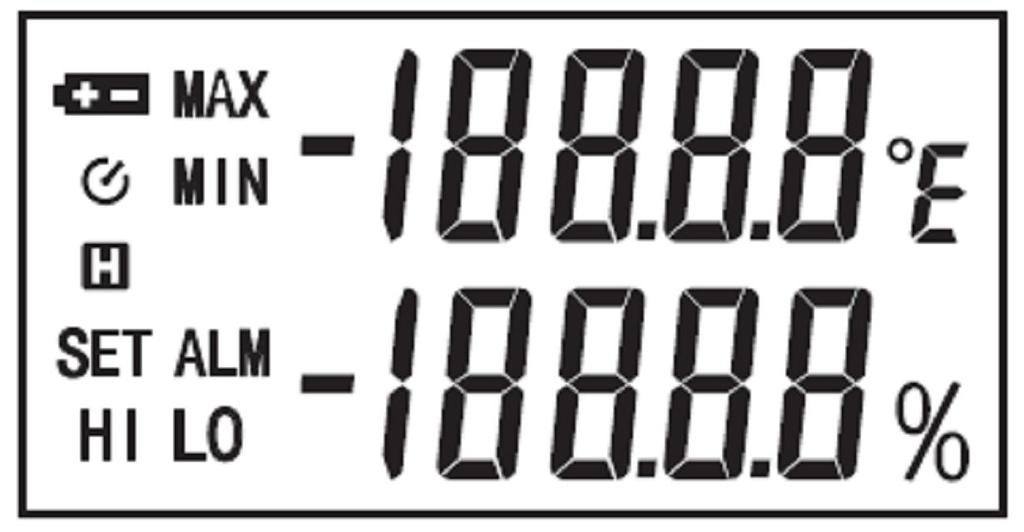 6. WYŚWIETLACZ LCD Wartość maksimum jest wyświetlana na LCD Wartość minimum jest wyświetlana na LCD Aktywna funkcja Data Hold ( zamrożenia wyniku) Aktywny tryb ustawień alarmu Aktywny tryb ustawień