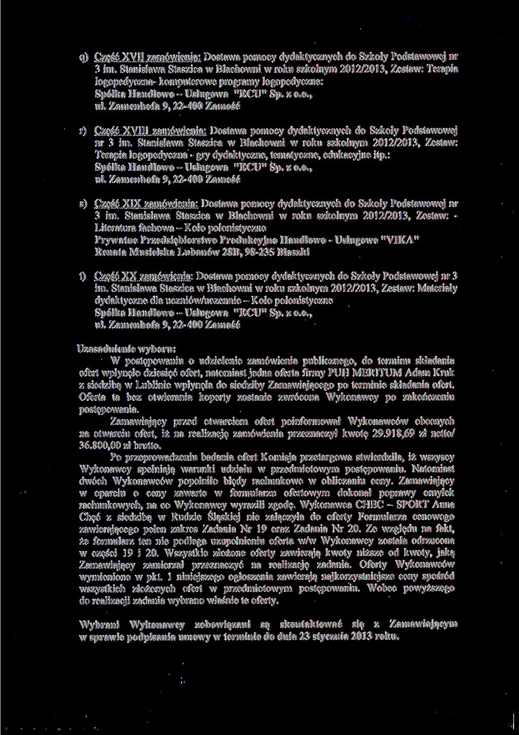 q) Część XVII zamówienia: Dostawa pomocy dydaktycznych do Szkoły Podstawowej nr 3 im.