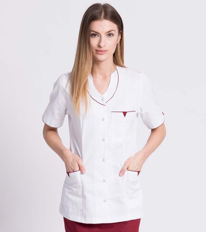 LINIA PREMIUM LINIA PREMIUM BLUZA DAMSKA BD08 centralne zapięcie dekolt w łezkę wykończony lamówką trzy kieszenie z ozdobnymi wykończeniami taliowanie Nowoczesny wzór damskiej bluzy medycznej.