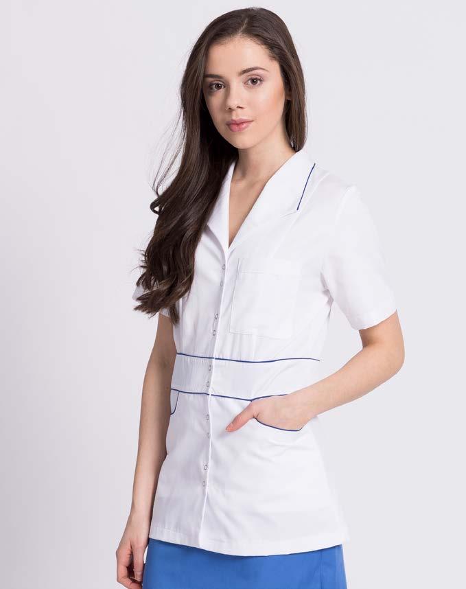 LINIA PREMIUM BLUZA DAMSKA BD18 Wyjątkowo elegancka damska bluza medyczna. Wyróżnia się podwójnym cięciem na linii talii, imitującym pas poprzez zastosowanie kontrastujących lamówek.