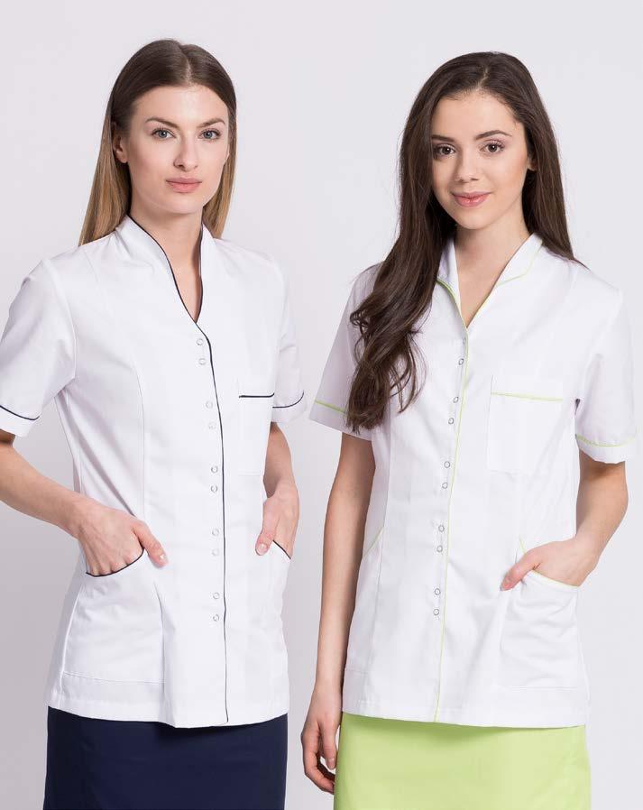 LINIA PREMIUM BLUZA DAMSKA BD23 Atrakcyjna damska bluza medyczna wyróżniająca się kołnierzem z krótką stójką, wykończoną lamówką.