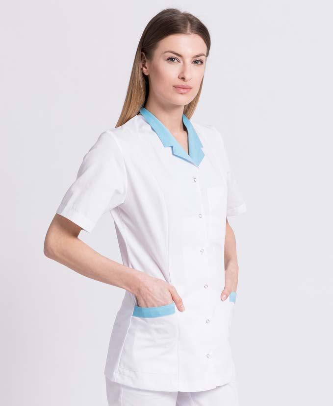LINIA STANDARD BLUZA DAMSKA BD09 Damska bluza medyczna o estetycznym kroju. Kołnierz można wyprostować pozostawiając tylną część w formie stójki.