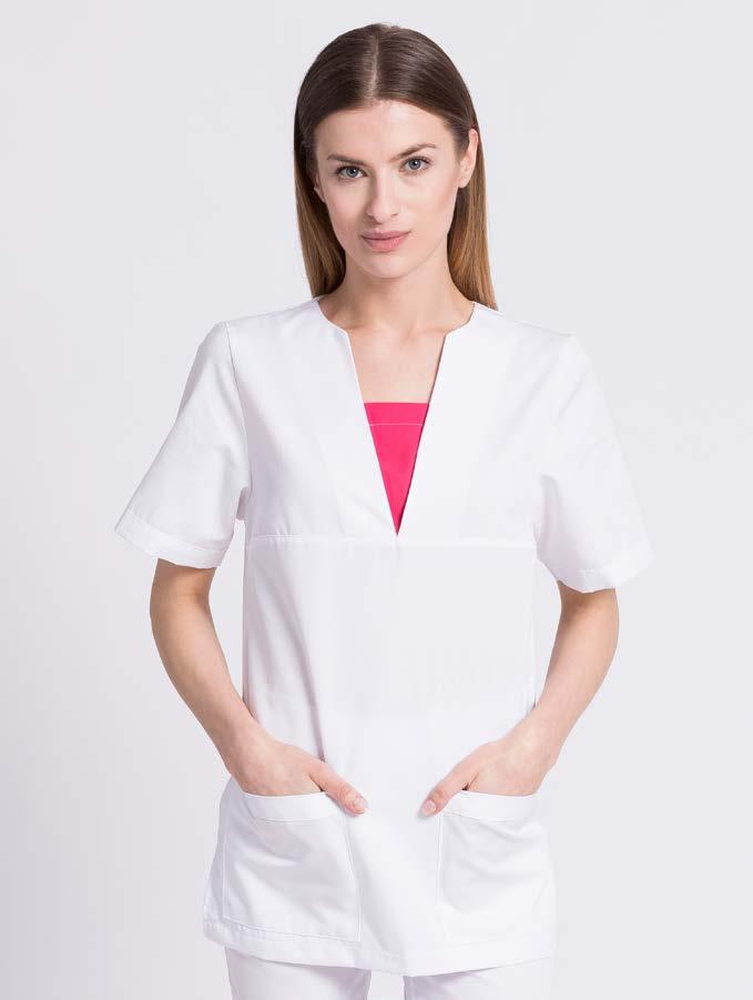 LINIA STANDARD BLUZA DAMSKA BD10 dekolt w trójkąt z podszyciem 3 proste kieszenie taliowanie wkładana przez głowę Komfortowa damska bluza medyczna z odciętym karczkiem na linii biustu, wkładana przez