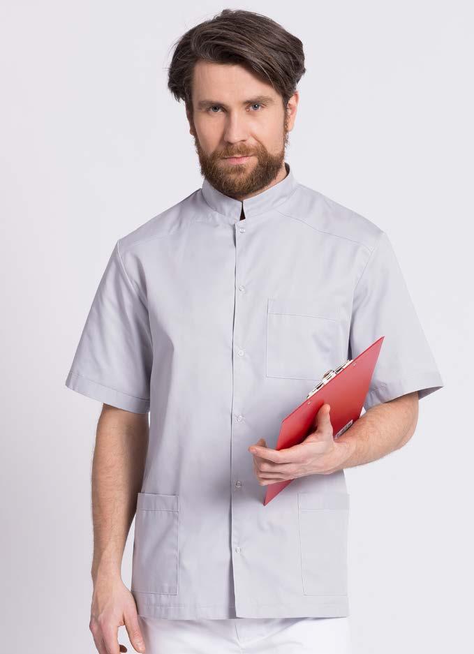 LINIA STANDARD BLUZA MĘSKA BM03 Elegancka męska bluza medyczna. Klasyczny krój z dekoltem wykończonym oryginalną kwadratową stójką. Wyposażona w trzy kieszenie.