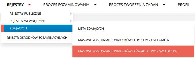 2. Wpisuje parametry wyszukiwania: rozporządzenie, zawód, do: wniosku/dyplomu/wystawione dyplomy, OE, Imię i Nazwisko i naciska przycisk Szukaj. Rys.