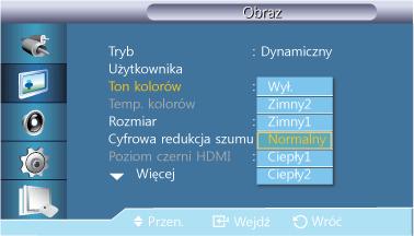 Dost. wyśw. LCD Dostosowuje ostrość obrazu (Sharpness). Kolor Reguluje kolory obrazu. Odcień Nadaje wyświetlaczowi naturalny odcień. Działa tylko wtedy, gdy sygnał wideo ma format NTSC.