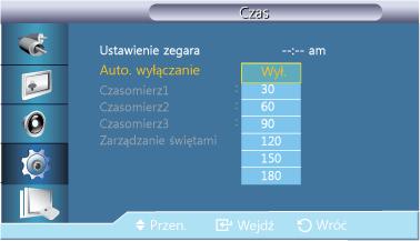 Dost. wyśw. LCD Bieżące ustawienia czasu. Auto. wyłączanie Automatycznie wyłącza wyświetlacz LCD o określonej godzinie. 1. Wył. 2. 30 3. 60 4. 90 5. 120 6. 150 7.