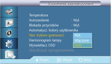 Dost. wyśw. LCD Blokuje lub odblokowywuje dostępne na urządzeniu przyciski sterowania ekranem. Wył. Włączone Automatycz. kolory użytkownika 1. Kolory automatyczne Automatycznie reguluje kolory. 2.