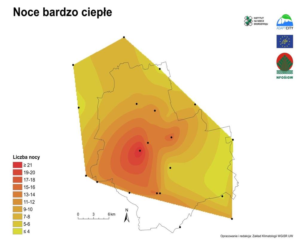 Mapa pokazuje liczbę dni w roku z bardzo ciepłymi nocami.