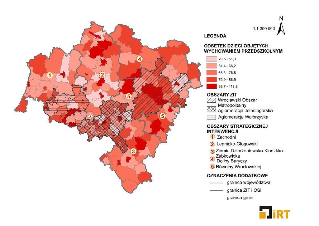 Rysunek 3 Odsetek dzieci objętych wychowaniem przedszkolnym w gminach Dolnego Śląska w 2014 4 r. Źródło: Opracowanie własne na podstawie danych BDL, GUS.