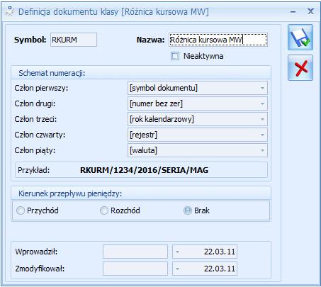 3.8.4 Generowanie różnic kursowych W Konfiguracji firmy/ Definicje dokumentów/ Kasa i bank/ Różnice kursowe MW jest możliwość tworzenia schematów numeracji dla różnic kursowych magazynu walut.