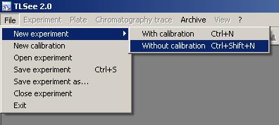 2. Następnie wybieramy opcję File->New Experiment->Without calibration poprzez pojedyncze kliknięcie lewym przyciskiem myszy owej funkcji (ilustracja 2).