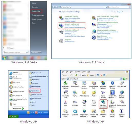 Krok 1: Windows 7 oraz Windows Vista: Wybierz Start -> Panel sterowania -> Centrum sieci i udostępniania Windows XP: Wybierz Start -> Panel sterowania -> Połączenia sieciowe Krok 2: Windows 7: