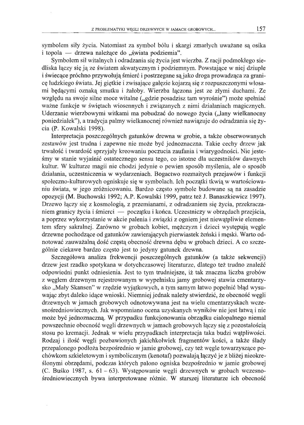 Z PROBLEMATYKI WĘGLI DRZEWNYCH W JAMACH GROBOWYCH... 157 symbolem siły życia. Natomiast za symbol bólu i skargi zmarłych uważane są osika i topola drzewa należące do świata podziemia.
