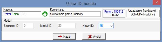 komentarz (rys. 3.4, okno ID modułu), np. Nazwa: Parter / Salon / UPP1, Komentarz: Oświetlenie górne, kinkiety. 4.