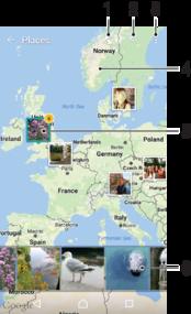 1 Wyświetlanie zdjęć z geotagami w widoku globusa 2 Wyszukiwanie lokalizacji na mapie 3 Wyświetlanie opcji menu 4 Dwukrotne stuknięcie powoduje powiększenie obrazu.